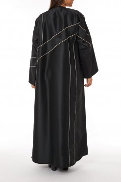 MOIRR2308 3 Black Bridal Satin V-Neck Abaya with contrast Lining