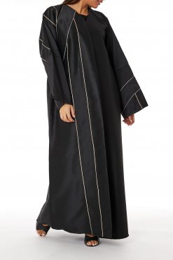 MOIRR2308 1 Black Bridal Satin V-Neck Abaya with contrast Lining