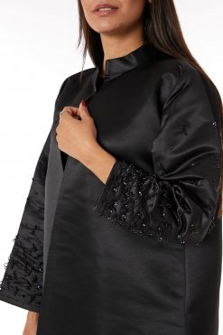 MOIRR2307 2 Black Bridal Satin Abaya With Hand Embroidery On Sleeves