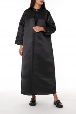 MOIRR2307 1 Black Bridal Satin Abaya With Hand Embroidery On Sleeves