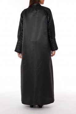 MOIRR2306 3 Black Bridal Satin Abaya with Lapel Collar