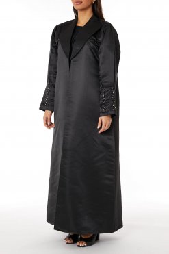 MOIRR2306 1 Black Bridal Satin Abaya with Lapel Collar