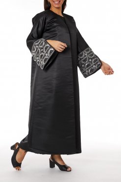 MOIRR2329 1 Black V-Neck Bridal Satin Split Cuffs Abaya