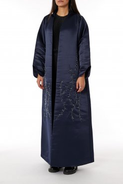 MOIRR2336 1 Navy Bridal Satin Embroidered Open Abaya