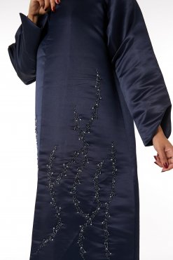 MOIRR2336 2 Navy Bridal Satin Embroidered Open Abaya