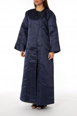 MOIRR2337 Navy Bridal Satin Abaya with Styled Stitching and Buttons