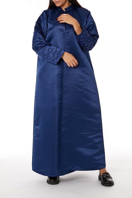 Navy Bridal Satin Embroidered with Mandarin Collar