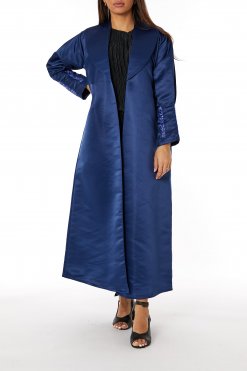 MOIRR2339 1 Lapel Collar Navy Bridal Satin Embroidered Abaya