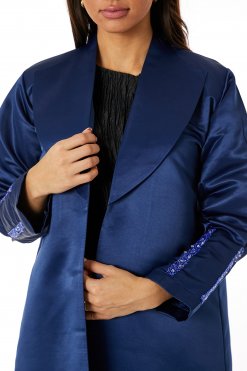 MOIRR2339 2 Lapel Collar Navy Bridal Satin Embroidered Abaya