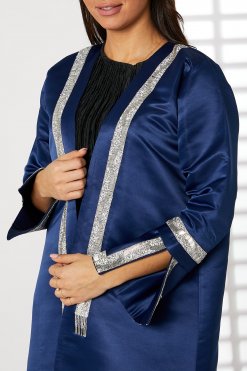MOIRR2340 2 Navy Bridal Satin Abaya with Split Cuffs