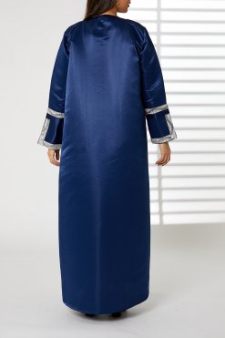 MOIRR2340 3 Navy Bridal Satin Abaya with Split Cuffs