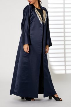 MOIRR2342 1 Navy Bridal Satin Abaya with Contrast Lace on Lapel Collar