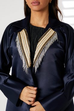 MOIRR2342 2 Navy Bridal Satin Abaya with Contrast Lace on Lapel Collar