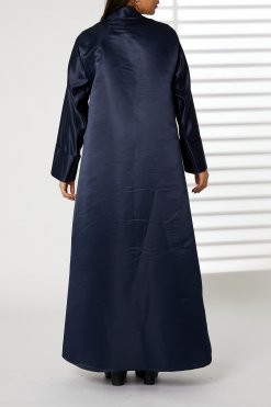 MOIRR2342 3 Navy Bridal Satin Abaya with Contrast Lace on Lapel Collar