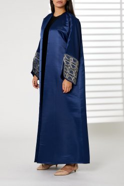 Navy V-Neck Bridal Satin Split Cuffs Abaya 5 MOIRR2343 1 Navy V-Neck Bridal Satin Split Cuffs Abaya
