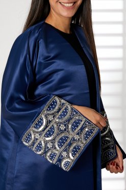Navy V-Neck Bridal Satin Split Cuffs Abaya 6 MOIRR2343 2 Navy V-Neck Bridal Satin Split Cuffs Abaya