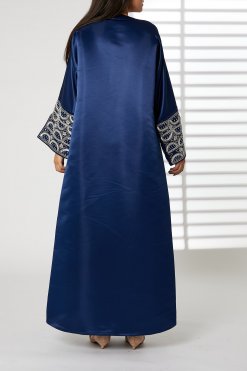 Navy V-Neck Bridal Satin Split Cuffs Abaya 7 MOIRR2343 3 Navy V-Neck Bridal Satin Split Cuffs Abaya