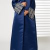 MOIRR2343 Navy V-Neck Bridal Satin Split Cuffs Abaya
