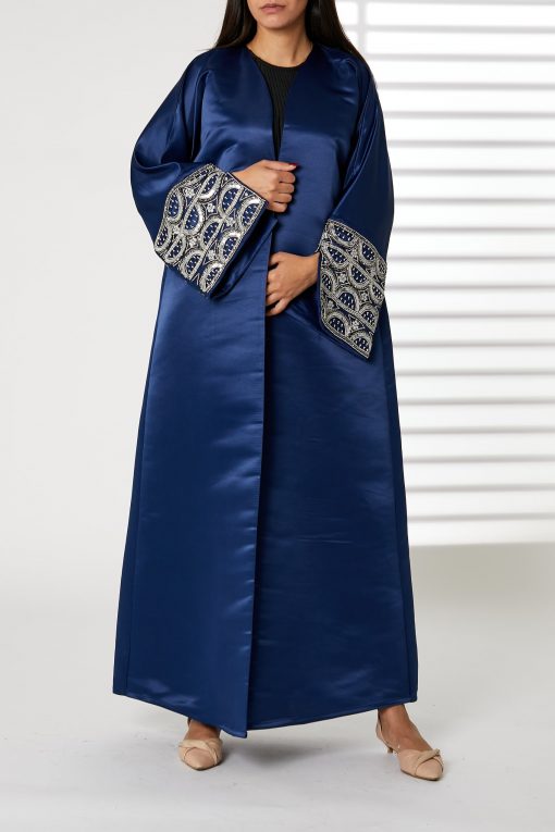 Navy V-Neck Bridal Satin Split Cuffs Abaya