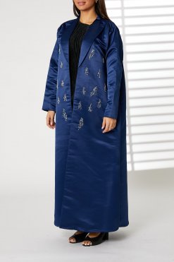 MOIRR2344 1 Navy Lapel Collar Bridal Satin Embroidered Abaya