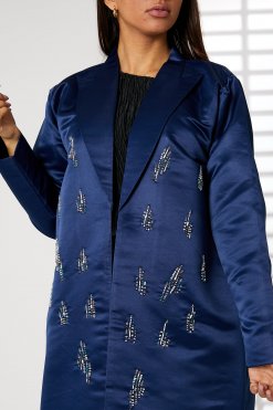 MOIRR2344 2 Navy Lapel Collar Bridal Satin Embroidered Abaya