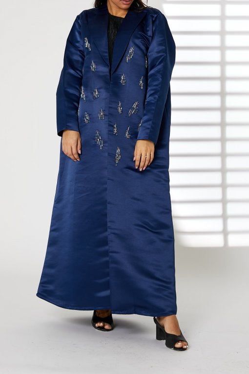 Navy Lapel Collar Bridal Satin Embroidered Abaya
