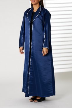 Navy Bridal Satin Snap-button Embellished Abaya 5 MOIRR2345 1 Navy Bridal Satin Snap-button Embellished Abaya