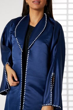 Navy Bridal Satin Snap-button Embellished Abaya 6 MOIRR2345 2 Navy Bridal Satin Snap-button Embellished Abaya