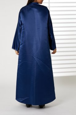 Navy Bridal Satin Snap-button Embellished Abaya 7 MOIRR2345 3 Navy Bridal Satin Snap-button Embellished Abaya