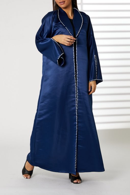 Navy Bridal Satin Snap-button Embellished Abaya