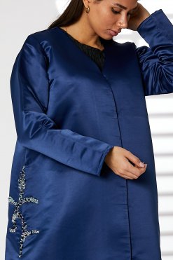 MOIRR2346 2 Navy Bridal Satin Embroidered Abaya