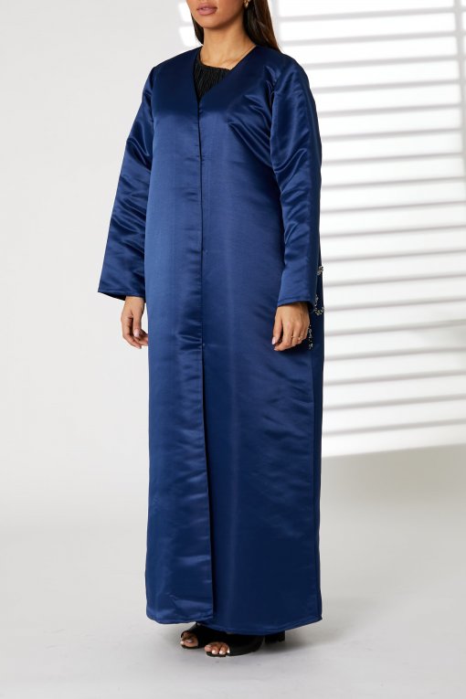 Navy Bridal Satin Embroidered Abaya