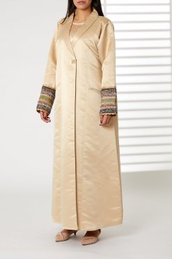 MOIRR2347 1 Peach Lapel Collar Bridal Satin Abaya with Pockets