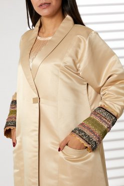 MOIRR2347 2 Peach Lapel Collar Bridal Satin Abaya with Pockets