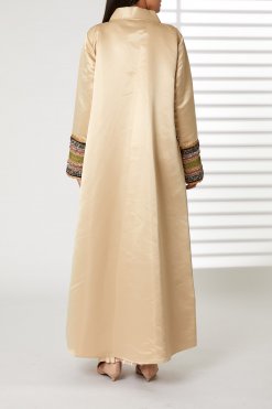 MOIRR2347 3 Peach Lapel Collar Bridal Satin Abaya with Pockets