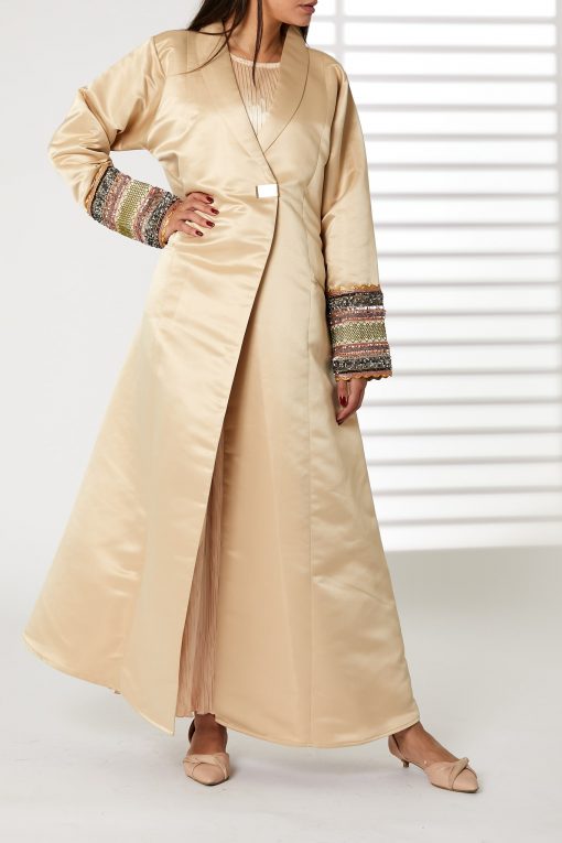 Peach Lapel Collar  Bridal Satin Abaya with  Pockets