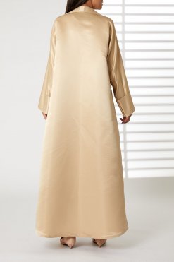 MOIRR2348 3 Peach Bridal Satin Abaya with Contrast Lace on Lapel Collar