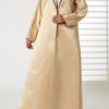 MOIRR2348 Peach Bridal Satin Abaya with Contrast Lace on Lapel Collar