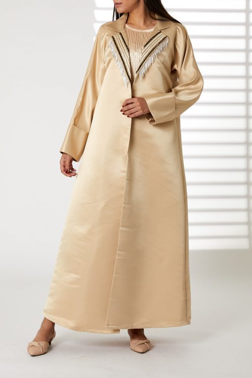 Peach Bridal Satin Abaya with Contrast Lace on Lapel Collar