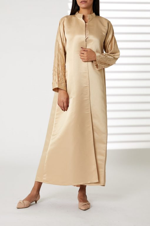 Peach Bridal Satin Embroidered with Mandarin Collar
