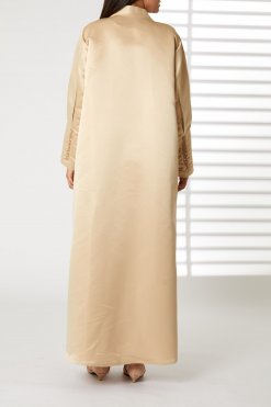 MOIRR2350 3 Lapel Collar Peach Bridal Satin Embroidered Abaya