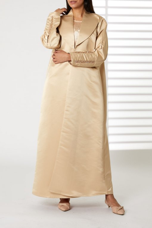 Lapel Collar Peach Bridal Satin  Embroidered Abaya