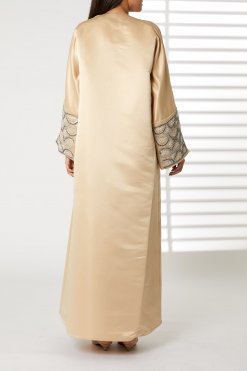 الخوخ الخامس الرقبة الزفاف الساتان الأصفاد انقسام عباية 7 MOIRR2352 3 Peach V-Neck Bridal Satin Split Cuffs Abaya