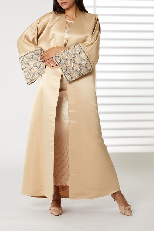 Peach V-Neck Bridal Satin Split Cuffs Abaya