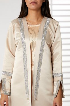MOIRR2353 2 Peach Bridal Satin Abaya with Split Cuffs