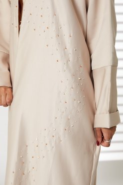 MOIRR2354 2 Peach Bridal Satin V-Neck Bead Work Abaya