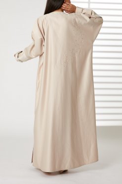 MOIRR2354 3 Peach Bridal Satin V-Neck Bead Work Abaya