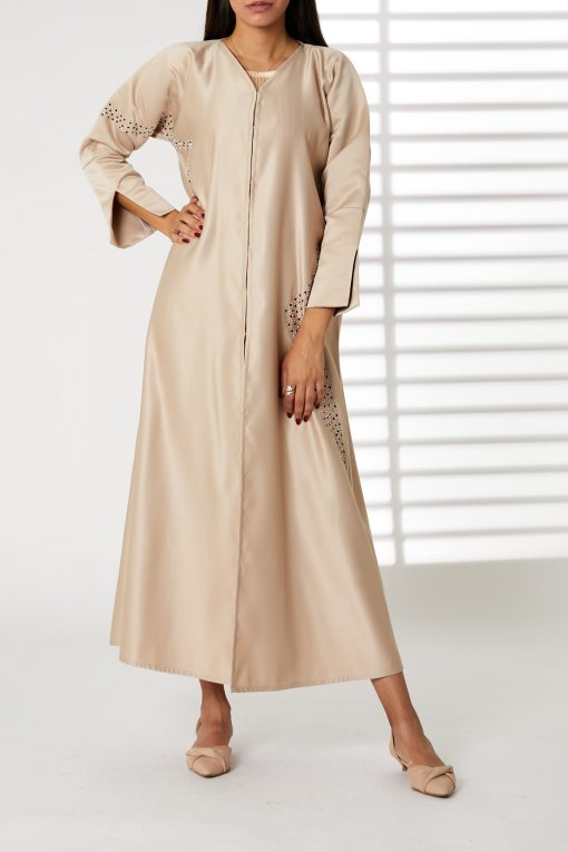 Peach Bridal Satin Open Abaya Embroidery