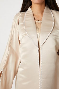 MOIRR2359 2 Peach Bridal Satin Snap-button Embellished Abaya