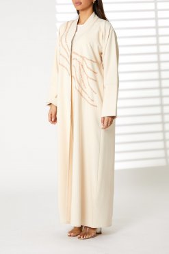 MOIRR2360 1 Peach Bridal Satin Embroidered Abaya